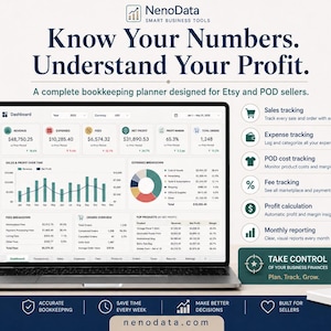 May include: A laptop displaying the NenoData dashboard with financial metrics, charts, and tables. The screen shows revenue, expenses, and profit data. Text includes 'Know Your Numbers. Understand Your Profit.' and a list of bookkeeping features.