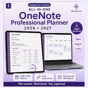 May include: A digital OneNote Professional Planner for 2026-2027 by Nenodata. The product features a tablet and laptop displaying project and weekly planning templates with task lists, priority levels, and progress charts. Includes a digital download icon.