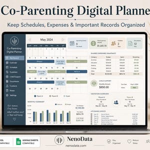 May include: A digital co-parenting planner displayed on a laptop screen, featuring a dashboard with a May 2024 calendar, expense tracking, child support details, and visitation schedules. The interface includes sections for documents and notes.