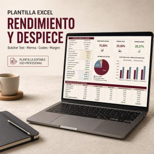 May include: A laptop screen displaying an Excel spreadsheet titled PLANTILLA EXCEL RENDIMIENTO Y DESPIECE. The dashboard features data tables, a pie chart, and bar graphs for butcher test analysis, with text indicating it is a professional editable template.
