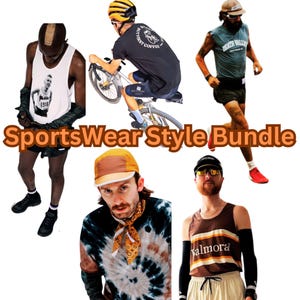 May include: A bundle of sportswear styles featuring a person wearing a white tank top with a graphic print, a person wearing a black t-shirt with a graphic print, a person wearing a brown tank top with a graphic print, a person wearing a tie-dye shirt with a bandana, and a person wearing a green t-shirt with a graphic print.
