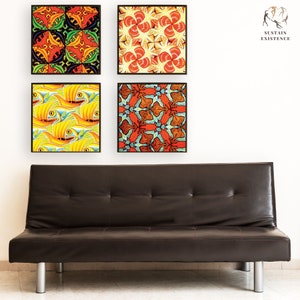 MC Escher Surrealism Tessellation-Gecko-Fish and Boat-Shells and Starfish Fish & Turtles Symmetry Drawings - Printable Wall Art Collection