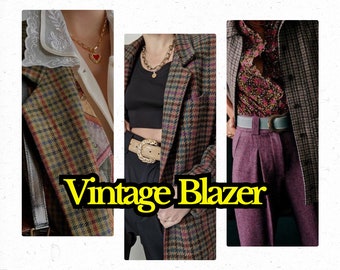 Vintage Retro Professional Classic Plaid Blazer Mystery Aesthetic Bundle