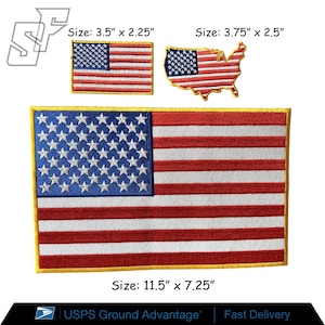 May include: Three embroidered patches featuring the United States flag. One rectangular patch measures 3.5 inches by 2.25 inches, one map-shaped patch measures 3.75 inches by 2.5 inches, and one large rectangular patch measures 11.5 inches by 7.25 inches.