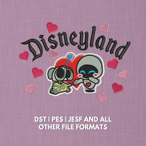 May include: An embroidery design featuring the black text Disneyland above a red heart and two cartoon robots holding hands. The robots are grey and yellow, surrounded by small pink hearts on a purple background with the text DST | PES | JESF AND ALL OTHER FILE FORMATS.