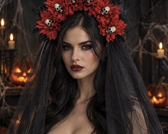 May include: A headpiece featuring a crown of deep red fabric flowers interspersed with small white skull ornaments and black leaves, attached to a long, sheer black veil that drapes down the sides, creating a dark and dramatic accessory.