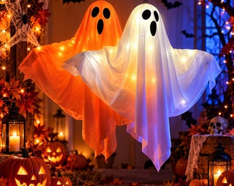 Świecąca dekoracja na Halloween z motywem ducha LED, upiorny wiszący rekwizyt (do użytku wewnątrz i na zewnątrz)