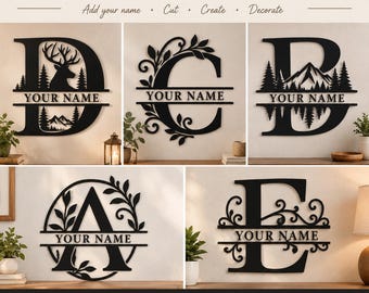 May include: A collection of five black, laser-cut metal monogram signs featuring letters D, C, B, A, and E. Each sign includes a horizontal bar with the text YOUR NAME, incorporating nature-themed designs like deer, mountains, and foliage.