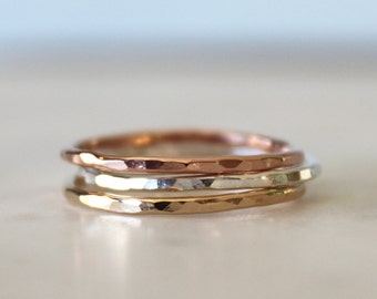 Dainty hammered tri color band set//Sterling Silver, yellow and pink gold filled//Handcrafted