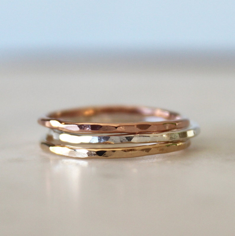 Dainty hammered tri color band set//Sterling Silver, yellow and pink gold filled//Handcrafted image 1