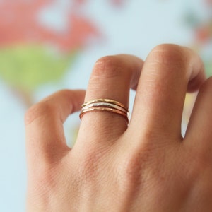 Dainty hammered tri color band set//Sterling Silver, yellow and pink gold filled//Handcrafted image 2