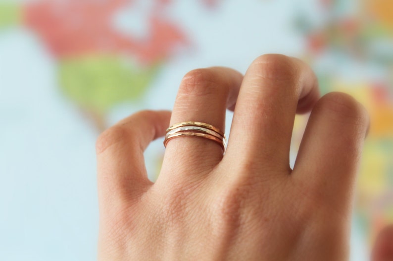 Dainty hammered tri color band set//Sterling Silver, yellow and pink gold filled//Handcrafted image 2