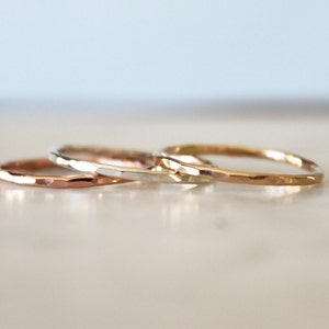 Dainty hammered tri color band set//Sterling Silver, yellow and pink gold filled//Handcrafted image 3