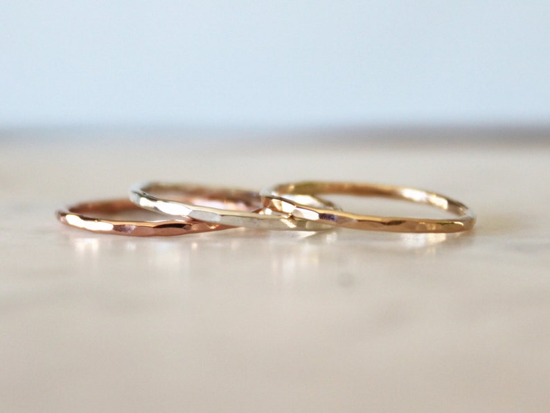 Dainty hammered tri color band set//Sterling Silver, yellow and pink gold filled//Handcrafted image 3