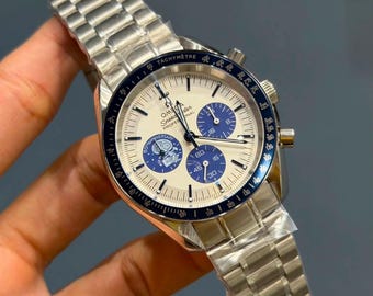 Orologio Omega Speedmaster Professional casual / Quadrante bianco e blu / Orologio di lusso da uomo in acciaio inossidabile / Orologio da polso Swiss Made