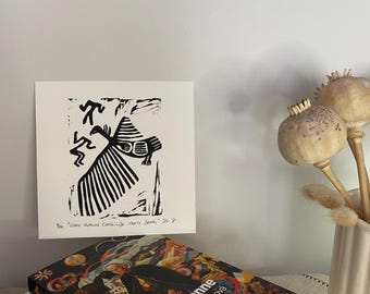 Linoryt, sztuka z Çatalhöyük, sztuka neolityczna, sztuka ścienna z motywem sępa, wydruk archeologiczny, ręcznie drukowana sztuka ścienna