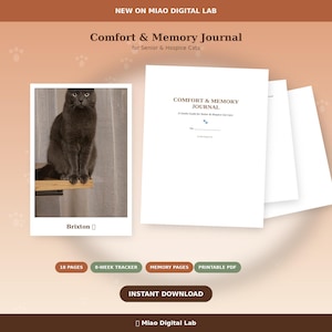 Può includere: Un diario digitale Comfort & Memory per gatti anziani e in cure palliative di Miao Digital Lab. Il documento presenta una copertina con il titolo, una foto di un gatto grigio di nome Brixton, 18 pagine, un tracker di 8 settimane e pagine di memoria.