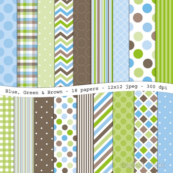 Items similar to Blue, Green & Brown digital scrapbooking paper pack