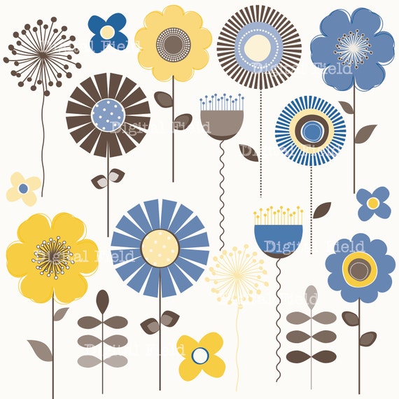 Items similar to Blue, Yellow and Brown Mod Flower Clip Art Set ...