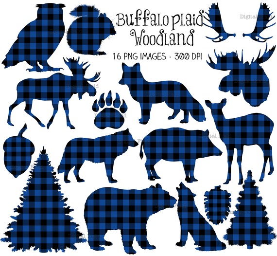 Buffalo plaid woodland clip art set lumberjack blue black ...