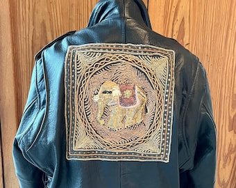 Rebel-Leather Motorcycle Jacket with Vintage Burmese Kalaga Embroidered Art Piece, Vintage Souvenir Dice, Lacing and African Beads