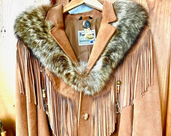 Abilene-Pioneer Fringed Jacket with Fur Collar, Beads, Letterman Patch, Leather, Suede, Caramel Color