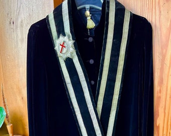 Aster-Black Velvet Walking Coat with Braid Covered Buttons, Nehru Collar, Slit Bottom, Vintage Knights Templar Ceremonial Sash