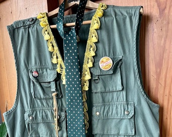 Kitty-Vintage hunt/fish pocketed vest with vintage tassel trim, vintage chauffeur and Wilkie buttons, and a hook for whatever!