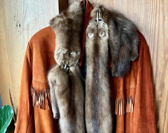 Lupita-Rust Colored Antique Fringed Suede Jacket with Antique Pikes Peak Twin Cardigan Pin, Fur Scarf