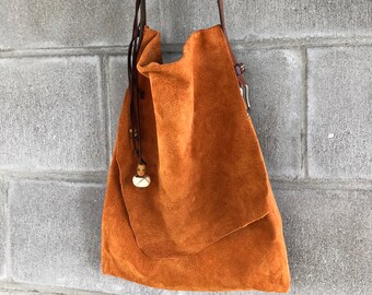 Handmade Pumpkin Colored Suede bag with Recycled Belt Strap