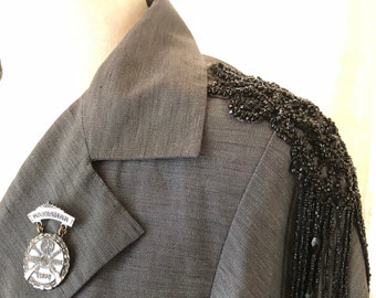 Madeline-Silk Blend Steel Gray 3/4 Duster, Ornate Black Glass Buttons, Vintage Military Medal, Vintage Black Glass Beaded Wrap Belt