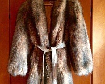 Grizzelda-Manmade Fur Coat with Wrap Leather Belt, Chain Belt Loops, Ornate Buttons, Satin Lining