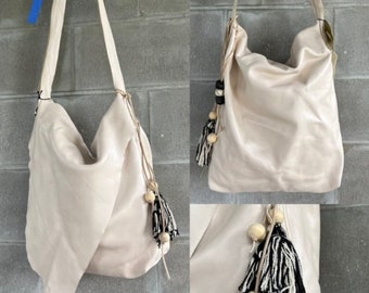 Cream Colored Leather Oversized Satchel, Summer Weight with Live Edge Flap, African, Wooden and Black Glass Beads, Yarn Tassel