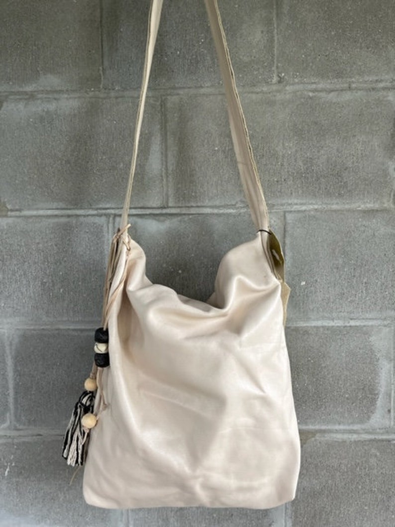 Cream Colored Leather Oversized Satchel, Summer Weight with Live Edge Flap, African, Wooden and Black Glass Beads, Yarn Tassel image 4