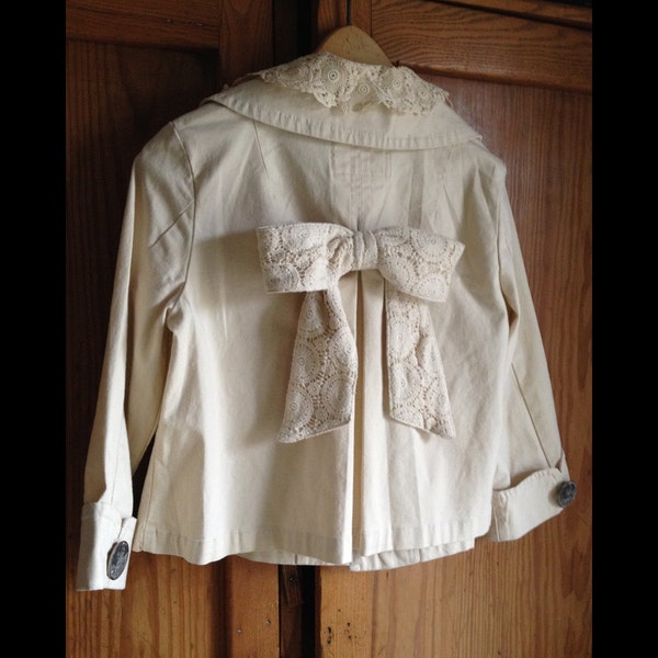 Bernadette-Muslin Cotton Swint Jacket with Vintage Lace Tea Stained Collar & Bow, Vintage Large Buttons with Historical Scene Metal Buttons