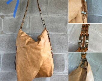 Caramel Colored Live Edge Oversized Leather Bag Recycled Ornate Metal Belt