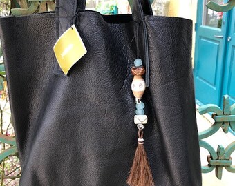 Black Deer Tanned Cowhide Bucket Bag with Double Self Straps, African and Glass Beads and HairTassel