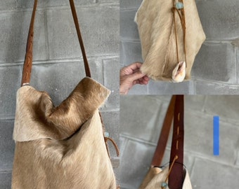 Blonde Colored Hair on Hide Oversized Shoulder/Crossbody Bag with Recycled Belt Strap, Glass Beads and Local Shell