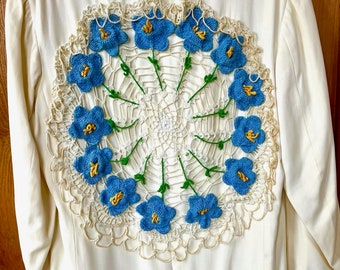 Blossom-Vintage After Six Tuxedo Jacket, Blue Glass Vintage Buttons, Embroidered Doily Back Piece, and Topped with Vintage Floral Tie