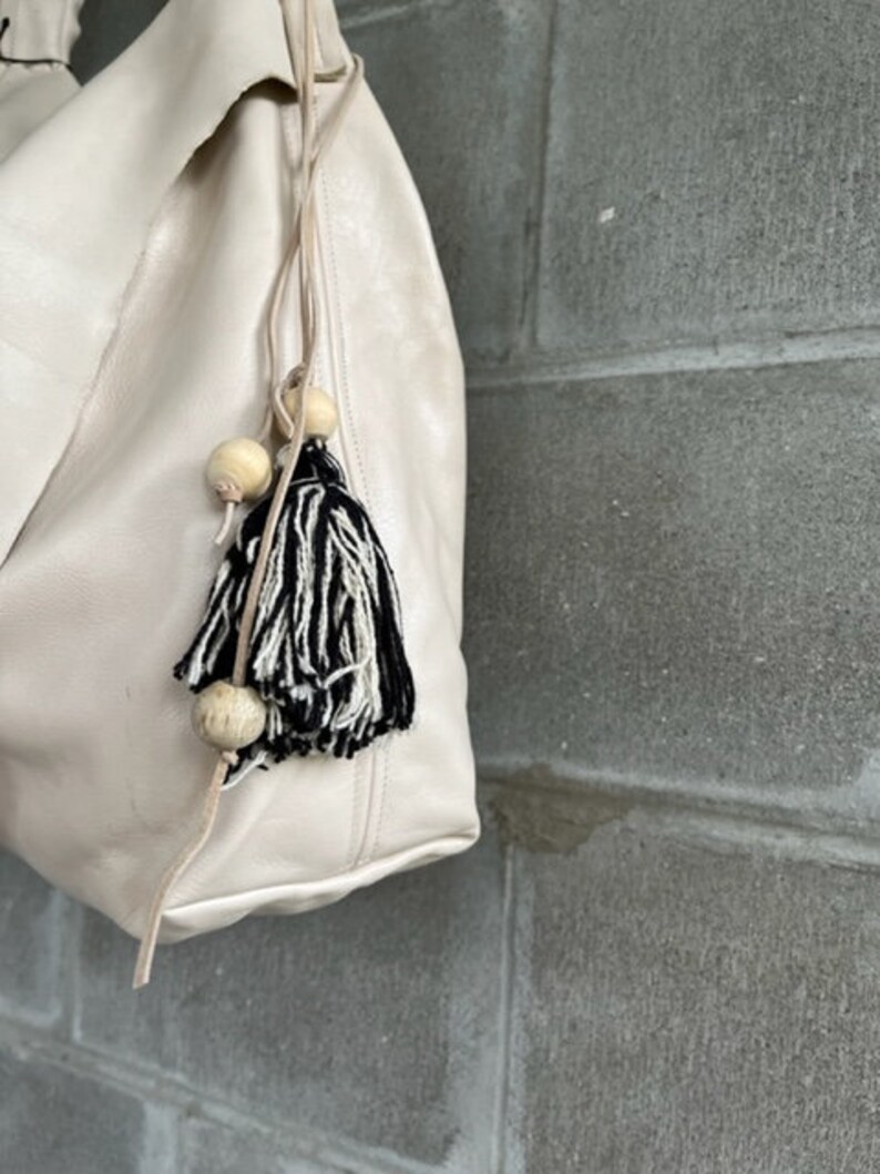 Cream Colored Leather Oversized Satchel, Summer Weight with Live Edge Flap, African, Wooden and Black Glass Beads, Yarn Tassel image 3