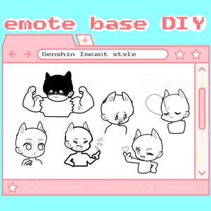 May include: A digital art sheet titled emote base DIY with the text Genshin Impact style. It features six black and white line art character sketches with various expressions, including a muscular figure, a blushing face, and a heart hand gesture.
