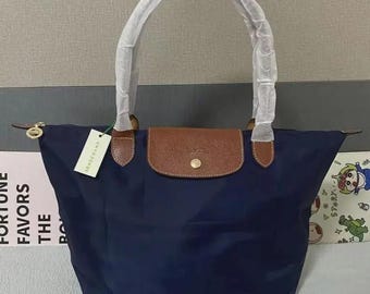 Longchamp Navy Nylon Large Tote Bag, Leather Trim Foldable Shoulder Bag.