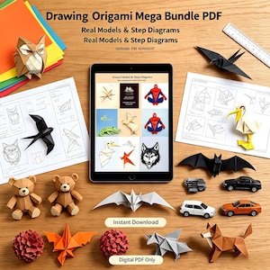 Pode incluir: Um pacote digital PDF de origami com modelos reais e diagramas passo a passo. Um tablet exibe várias figuras, rodeado por criações de papel como uma coruja, pássaros, ursos e morcegos, juntamente com carros de brinquedo e uma régua.