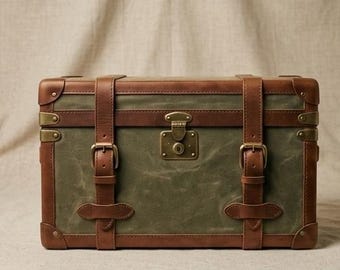 Baúl de almacenamiento artesanal estilo vintage, cofre de lona encerada y cuero con cerradura de latón, baúl decorativo verde para recuerdos
