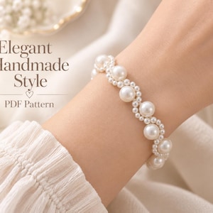May include: A bracelet featuring a wavy design of white pearls in varying sizes. The text Elegant Handmade Style PDF Pattern is visible on the left side. The bracelet is worn on a wrist with a white sleeve, showcasing a delicate arrangement.