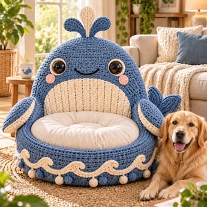 May include: A large, blue, crocheted whale-shaped pet bed featuring a cream-colored belly, a plush white circular cushion, large black eyes, pink cheeks, and a decorative cream wave pattern along the base with small white pom-poms.