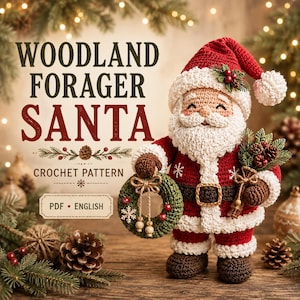 May include: A crochet pattern titled Woodland Forager Santa featuring a handmade Santa Claus doll in a red suit with white trim, holding a green wreath and a bundle of pinecones. The text reads Woodland Forager Santa Crochet Pattern PDF English.