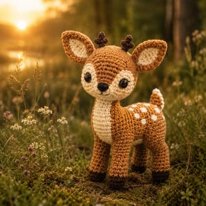 May include: A crocheted deer toy featuring a brown body with white spots on its back, a cream-colored chest, and dark brown hooves. The deer has large black eyes, small dark brown antlers, and pointed ears with cream-colored centers.