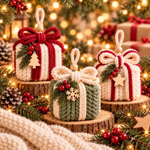 Könnte beinhalten: Drei Makramee-Geschenkbox-Ornamente mit dicken Kordelschleifen und Aufhängeschlaufen. Eine ist weiß mit roter Kordel, eine grün mit weißer Kordel und eine weiß mit roter Kordel. Jedes Stück enthält einen Holzanhänger, Tannenzweige und rote Beeren.