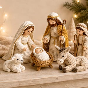 Pode incluir: Um conjunto de presépio em crochê com figuras de uma pessoa com véu branco, uma pessoa com túnica dourada e cajado, um pequeno personagem envolto num berço trançado, um cordeiro e um burro, todos feitos com pontos de fio detalhados.